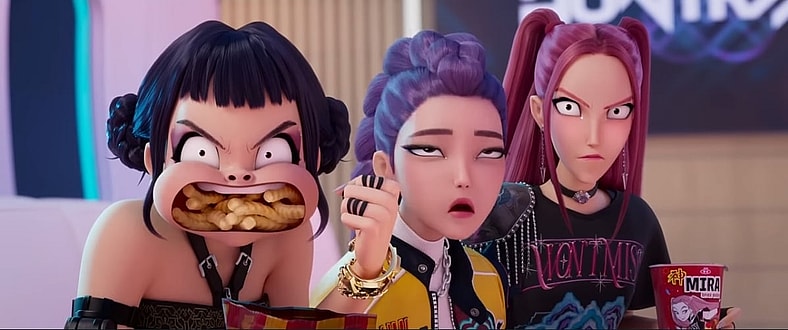 Mira (voiced by May Hong), Rumi (voiced by Arden Cho), and Zoey (voiced by Ji-young Yoo) hate when their meals are interrupted in KPop Demon Hunters (2025), Sony Pictures Animation