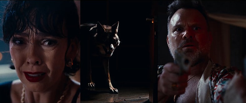 A coyote terrifies Julie (Brittany Allen) and Trip (Norbert Leo Butz) in Coyotes (2025), Aura Entertainment