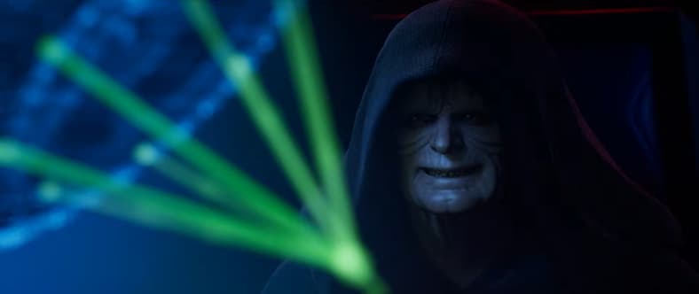 Emperor Palpatine (TBA) eagerly looks at a hologram of the Death Star in action in Fortnite Galactic Battle Cinematic Trailer, YouTube