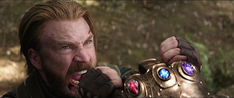 Captain America (Chris Evans) stands defiant against Thanos (Josh Brolin) in Avengers: Infinity War