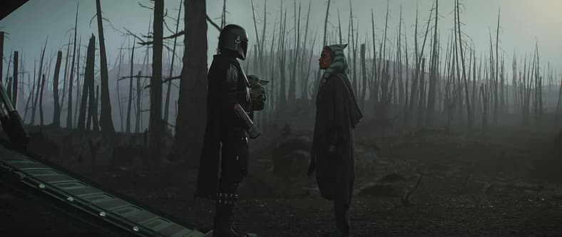 Ahsoka (Rosario Dawson) bids farewell to Din Djarin (Pedro Pascal) and Grogu in The Mandalorian