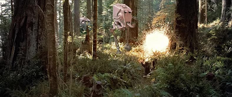 Ewoks lure AT-STs into trap during Battle of Endor in Star Wars Episode VI: Return of the Jedi