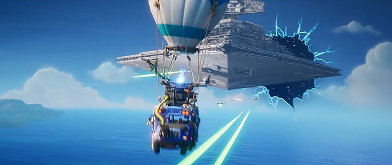The Battle Bus flees a Star Destroyer in Fortnite Galactic Battle Cinematic Trailer, YouTube