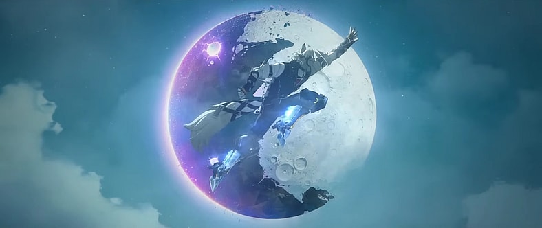 Von Lycaon (Kobayashi Chikahiro) jumps for the airship in front of the moon in Zenless Zone Zero (2024), HoYoverse