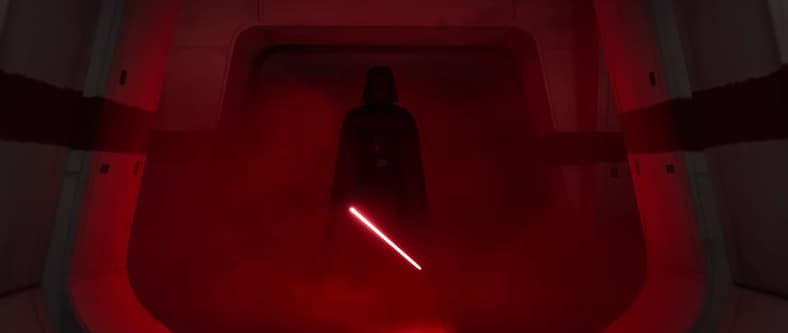 Darth Vader (James Earl Jones) illuminated by his lightsaber in Darth Vader Arrives on the Fortnite Island, YouTube