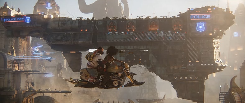 Yaashan (TBA) and Knox (Alex Martin) run into a police checkpoint in Beyond Good & Evil 2 (TBA), Ubisoft