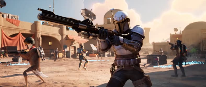 A Mandalorian and other quirky characters touch down in an area that resembles Mos Eisley in Fortnite Galactic Battle Cinematic Trailer, YouTube