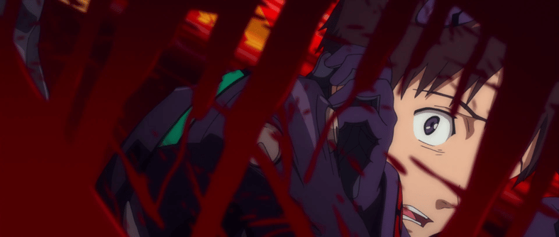 Shinji (Megumi Ogata) freezes as the only person who's shown him genuine affection dies before his eyes in Evangelion: 3.0 You Can (Not) Redo (2014), Studio Khara