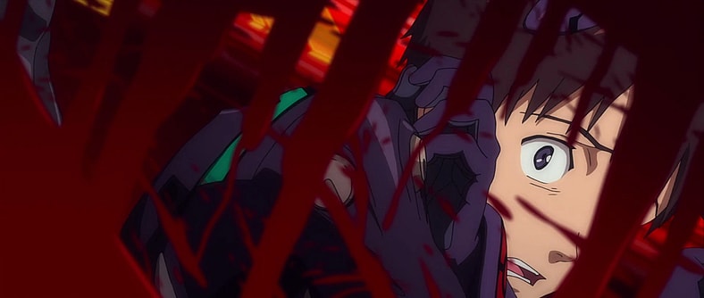 Shinji (Megumi Ogata) freezes as the only person who's shown him genuine affection dies before his eyes in Evangelion: 3.0 You Can (Not) Redo (2014), Studio Khara