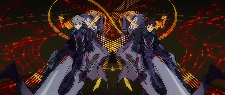 Shinji (Megumi Ogata) and Kaworu (Akira Ishida) fire up the EVA 13 ahead of an expedition into Terminal Dogma in Evangelion: 3.0 You Can (Not) Redo (2014), Studio Khara