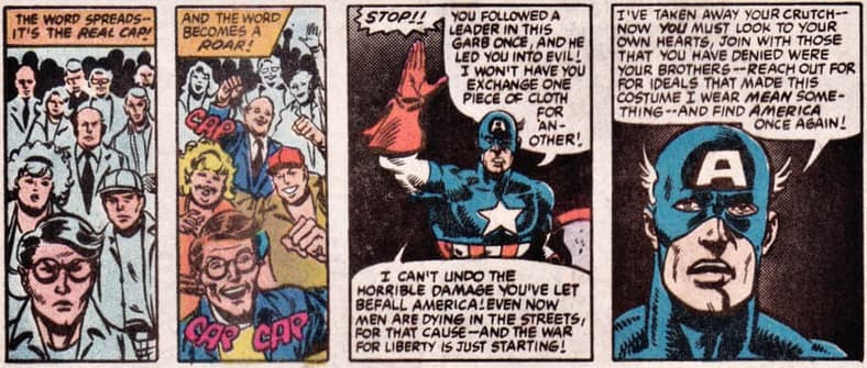 Captain America cautions his fellow Americans against rallying behind another symbol in What If? Vol. 1 #44 "What If Captain America Were Not Revived Until Today?" (1984), Marvel Comics. WOrds by Peter Gillis, art by Sal Buscema, Dave Simons, George Roussos, and John Morelli.