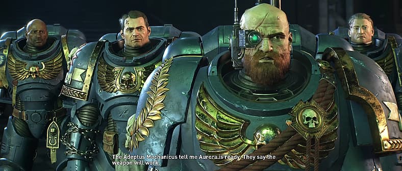 Chairon, Titus, Sevastus, and Gadriel prepare to move out in Warhammer 40,000: Space Marine 2