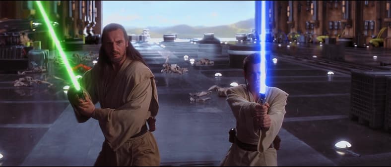Qui-Gon Jinn and Obi-Wan prepare for showdown with Darth Maul in Star Wars: Episode I (1999)