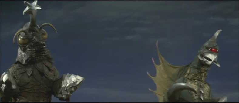 Two is company when it's alien kaijus, like Gigan and Megalon, in Godzilla vs. Megalon (1973), Toho Co Ltd.