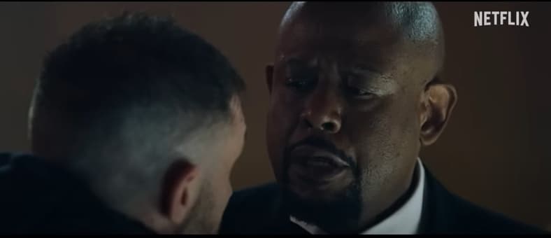 Lawrence Beaumont (Forest Whitaker) threatens Patrick Walker (Tom Hardy) in Havoc (2025), XYZ Films