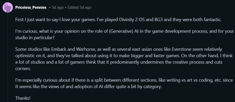 Priceless_Pennies Asks Larain Studios about AI being used in Divinity via Reddit