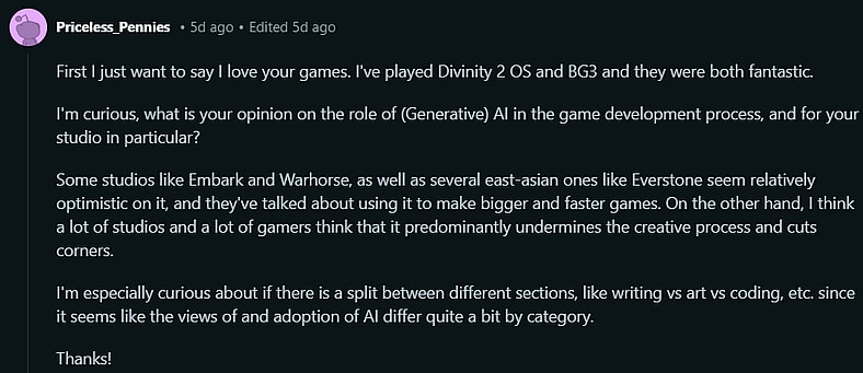 Priceless_Pennies Asks Larain Studios about AI being used in Divinity via Reddit
