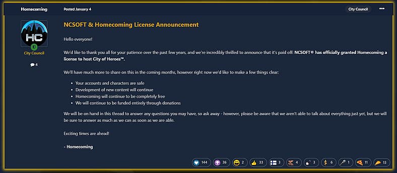 Homecoming server announces official City of Heroes license in City of Heroes: Homecoming