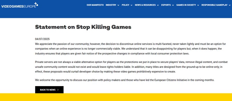 Statement on Stop Killing Games on Video Games Europe