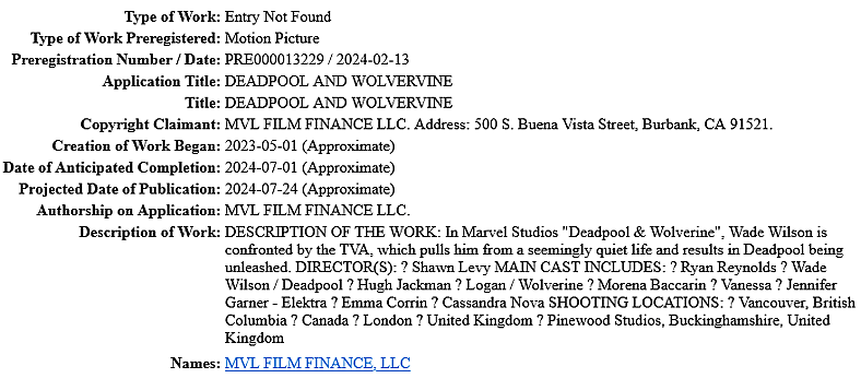 Marvel Studios' U.S. Copyright filing for Deadpool & Wolverine (2024), Marvel Entertainment