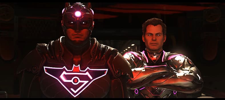 Superman (George Newburn) mind controls Batman (Kevin Conroy) with Brainiac's (Jeffrey Combs)