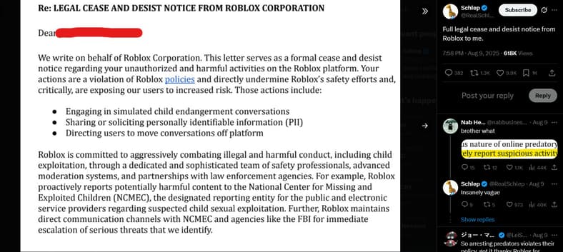 "Full legal cease and desist notice from Roblox to me." Schlep