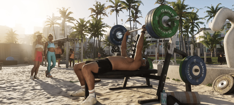 Jason (TBA) works a sweat at the beach in Grand Theft Auto VI (2026), Rockstar Games