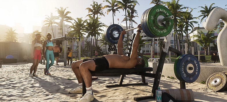 Jason (TBA) works a sweat at the beach in Grand Theft Auto VI (2026), Rockstar Games