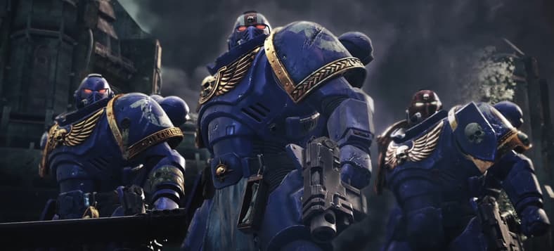 A trio of Ultramarines prepare to spared the word of the God-Emperor in Warhammer 40,000: Space Marine 2 (2024), Saber Interactive