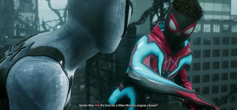 Miles shows off his first original suit to Peter in Marvel's Spider-Man 2, Insomniac Games