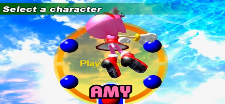 Amy Rose's (Taeko Kawata) bare back celebrating in Sonic Adventure (1998), Sega