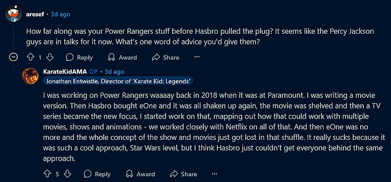 'Karate Kid: Legends' Director Jonathan Entwistle opens up about his work on Netflix's cancelled YA 'Power Rangers' reboot.
