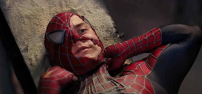 Spider-Man (Tobey Maguire) tearing off his suit in Spider-Man 3, 2007, Sony Pictures Entertainment