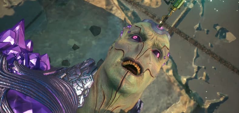 Brainiac (Jason Isaacs) meets his end via LuthorCorp data spike in Suicide Squad: Kill the Justice