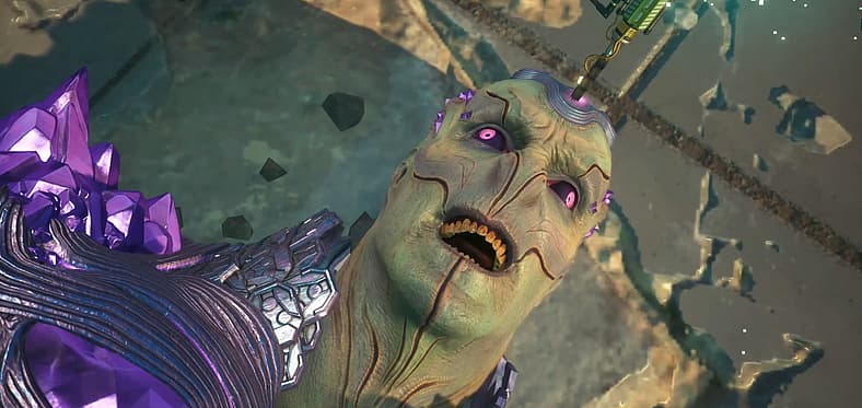 Brainiac (Jason Isaacs) meets his end via LuthorCorp data spike in Suicide Squad: Kill the Justice