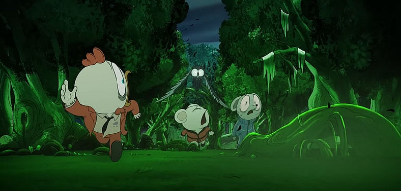 Arnold and his friends feel from a giant owl in Decorado (2025), Uniko Estudio Creativo