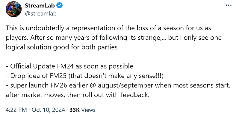 Fans are not happy with Sports Interactive's decision to delay 'Football Manager 2025'.