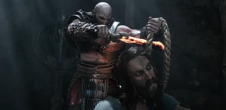 Kratos cuts a rope from Týr's neck in God of War: Ragnarök (2022), Sony Santa Monica Studios