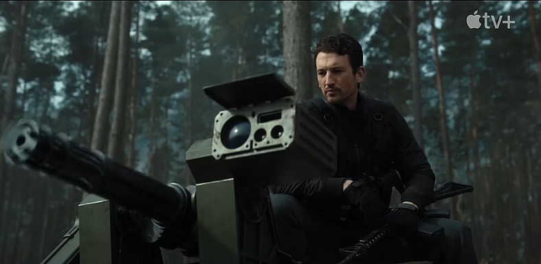 Levi Kane (Miles Teller), adjusting his equipment to stop the Hollow Men in The Gorge (2025), Skydance Media