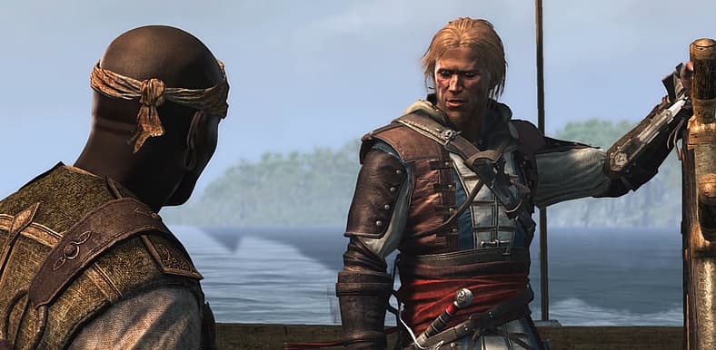 Edward (Matt Ryan) and Adéwalé (Tristan D. Lalla) come to an agreement in Assassin's Creed IV