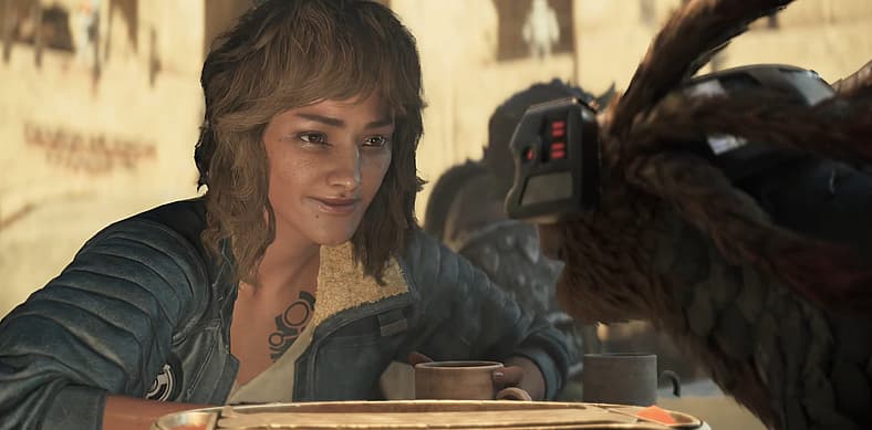 Kay Vess (Humberly González) and Nix grab a bite to eat in Star Wars Outlaws (2024), Ubisoft