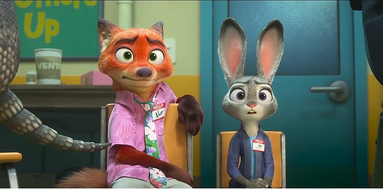 L to R, Nick (voiced by Jason Bateman) and Judy (voiced by Ginnifer Goodwin) attending a therapy session in Zootopia 2 (2025), Disney Animation Studios