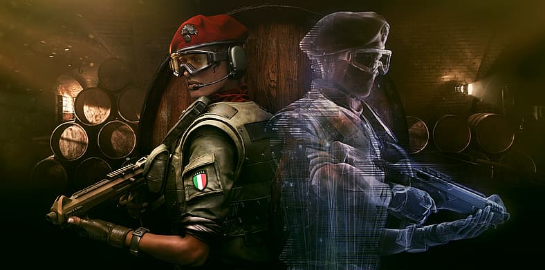 Alibi (Tara Nicodemo) alongside her Prisma hologram in Tom Clancy's Rainbow Six Siege (2015)