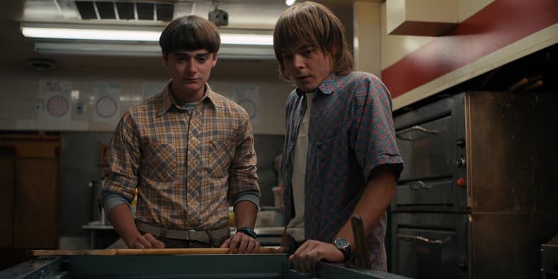 Noah Schnapp as Will Byers and Charlie Heaton as Jonathan Byers in Stranger Things, Netflix