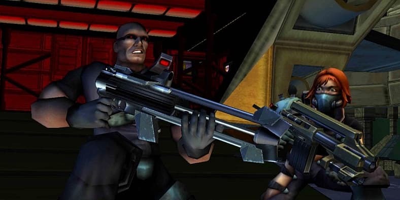 Sergeant Cortez (Tom Clarke-Hill) and Corporal Heart (Risa Hall) assault Time Splitter space
