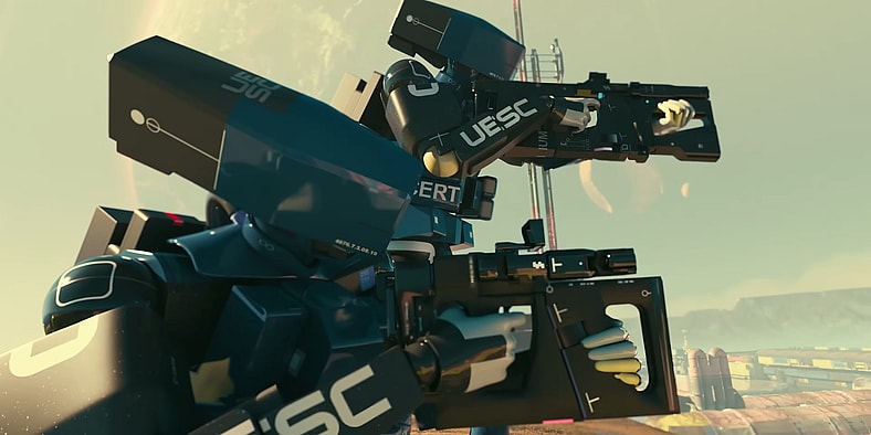 A squad of UESC peace keeping units take aim at Glitch (Erica Lindbeck) in Marathon (2025), Bungie