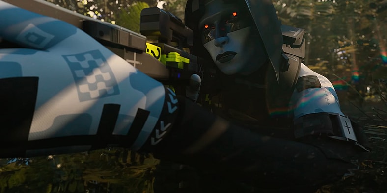 Void (Elias Toufexis) takes aim at Glitch (Erica Lindbeck) in Marathon (2025), Bungie
