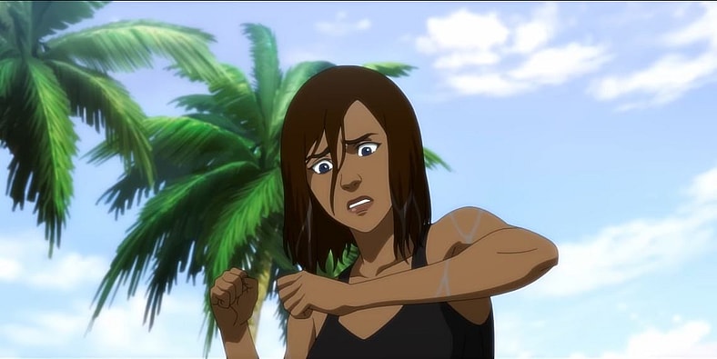 Helena (voiced by Madeleine Madden) is scared by the Dodo after waking up on Ark in Ark: The Animated Series Part 1, 2024, Paramount Pictures