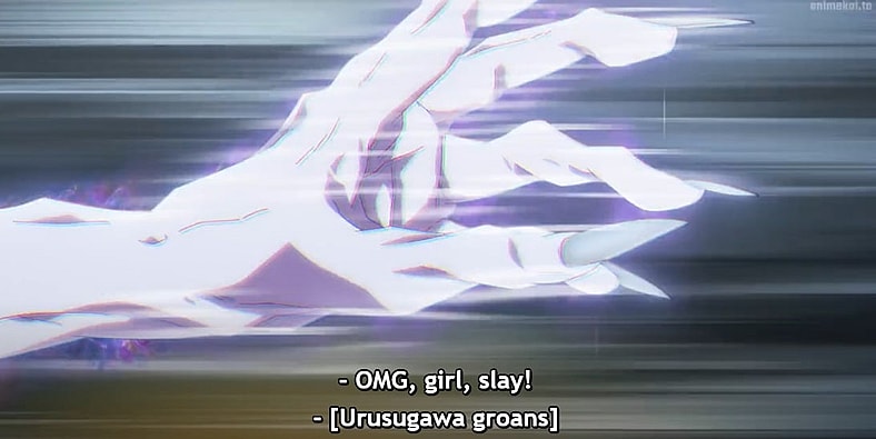 Kirika-chan (Monica Rial) reaches out to grab Kiyomi Urusugawa (Hayden Daviau) in Dead Account Season 1 Episode 4 "The Worst Trio Possible" (2026), SynergySP