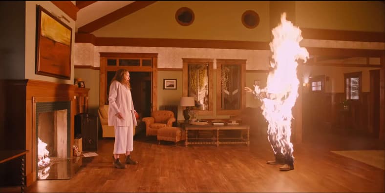 Annie (Toni Collette) realizes that she's Scorpion while finishing Steve (Gabriel Byrne) in Hereditary (2018), A24